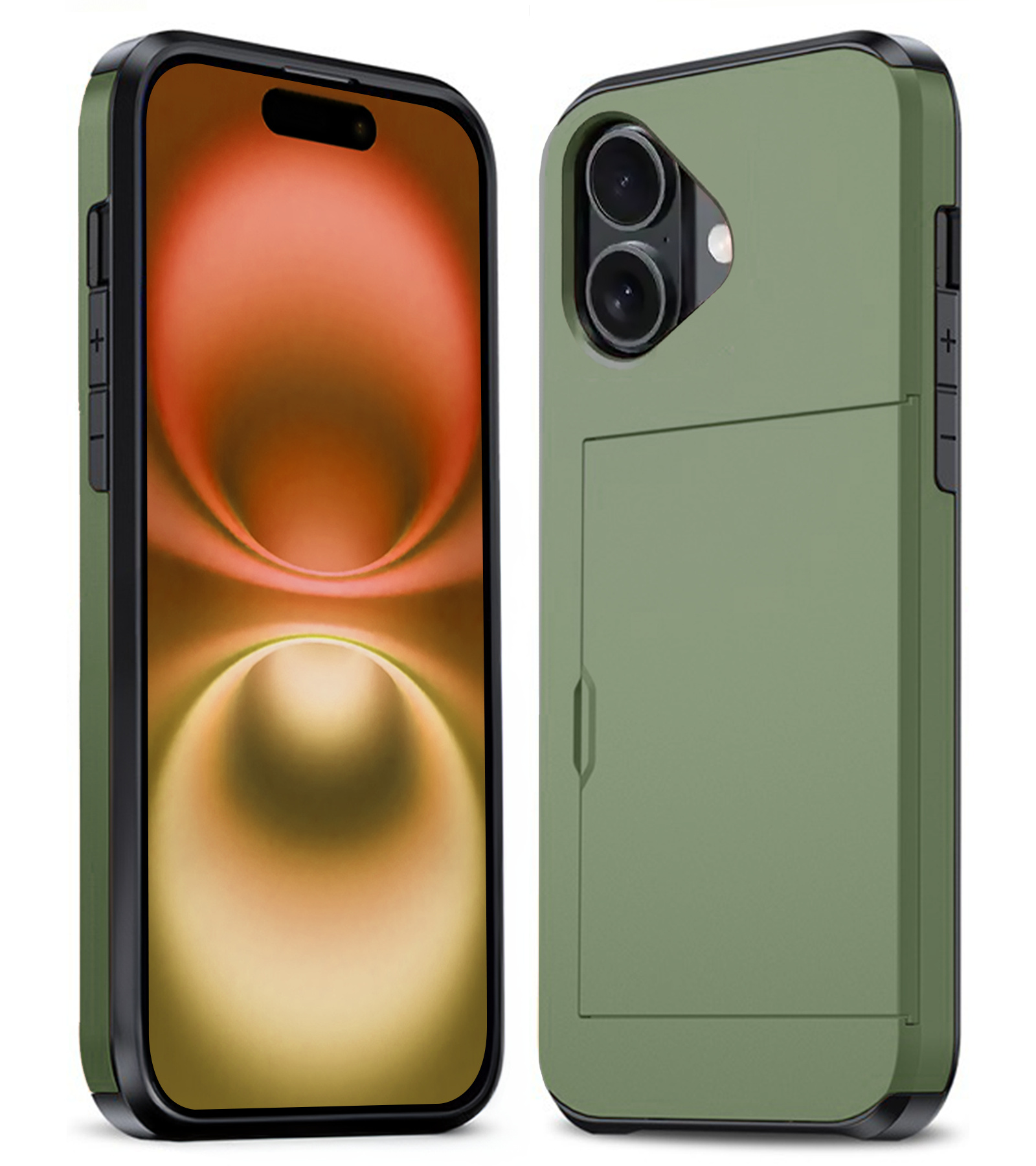 Nomfy Hoesje Geschikt voor iPhone 16 Plus Hoesje Pasjeshouder Shockproof Hard Case - Hoesje Geschikt voor iPhone 16 Plus Hoes Met Kaarthouder - Donkergroen