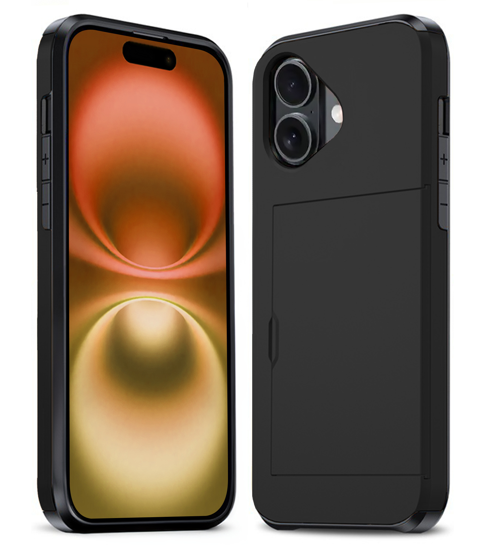 Nomfy Hoesje Geschikt voor iPhone 16 Plus Hoesje Pasjeshouder Shockproof Hard Case - Hoesje Geschikt voor iPhone 16 Plus Hoes Met Kaarthouder - Zwart