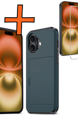 Nomfy Hoesje Geschikt voor iPhone 16 Plus Hoesje Pasjeshouder Shockproof Hard Case Met Screenprotector - Hoesje Geschikt voor iPhone 16 Plus Hoes Met Kaarthouder - Donkerblauw