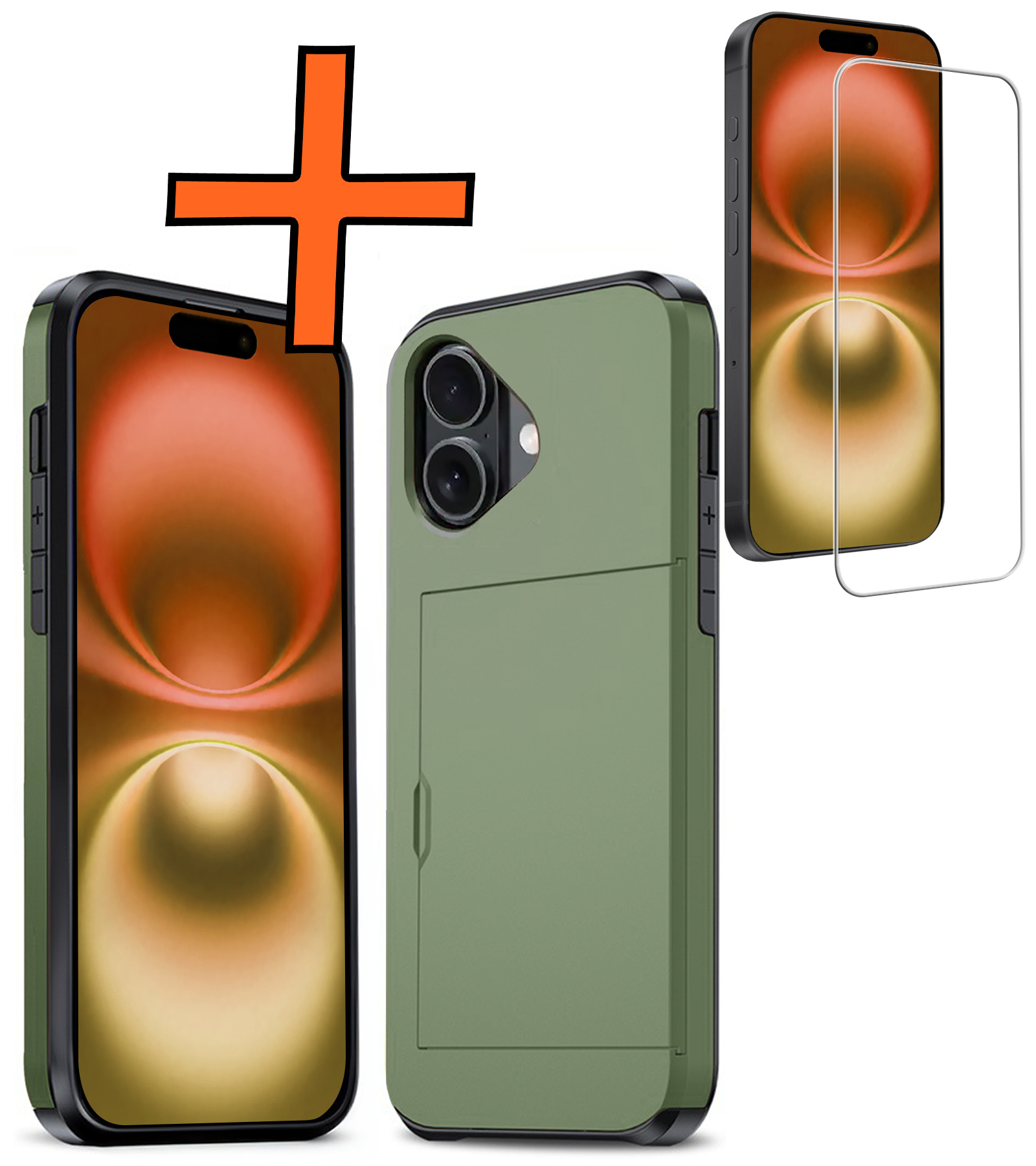 Nomfy Hoesje Geschikt voor iPhone 16 Plus Hoesje Pasjeshouder Shockproof Hard Case Met Screenprotector - Hoesje Geschikt voor iPhone 16 Plus Hoes Met Kaarthouder - Donkergroen