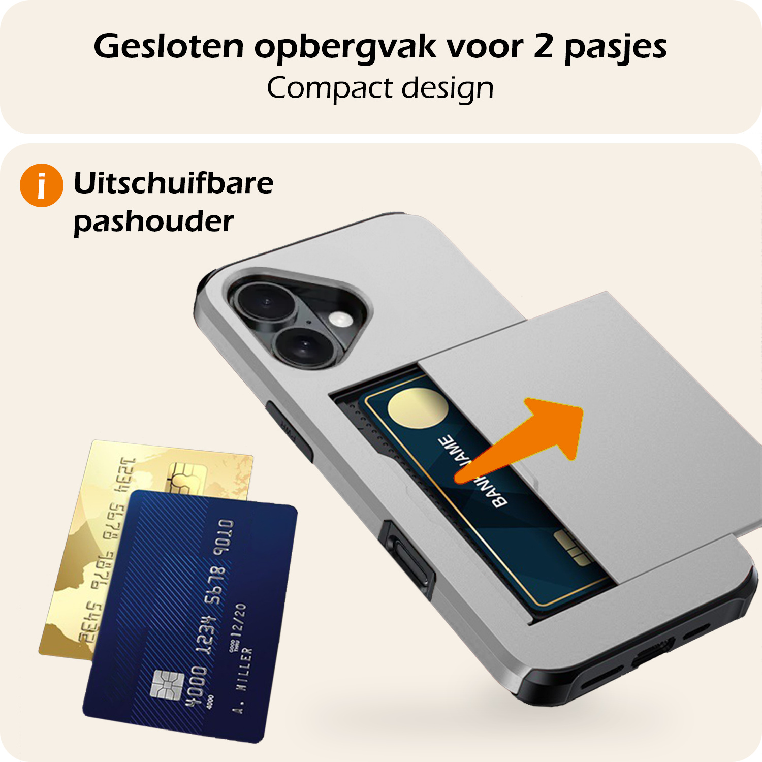 Nomfy Hoesje Geschikt voor iPhone 16 Plus Hoesje Pasjeshouder Shockproof Hard Case Met Screenprotector - Hoesje Geschikt voor iPhone 16 Plus Hoes Met Kaarthouder - Grijs