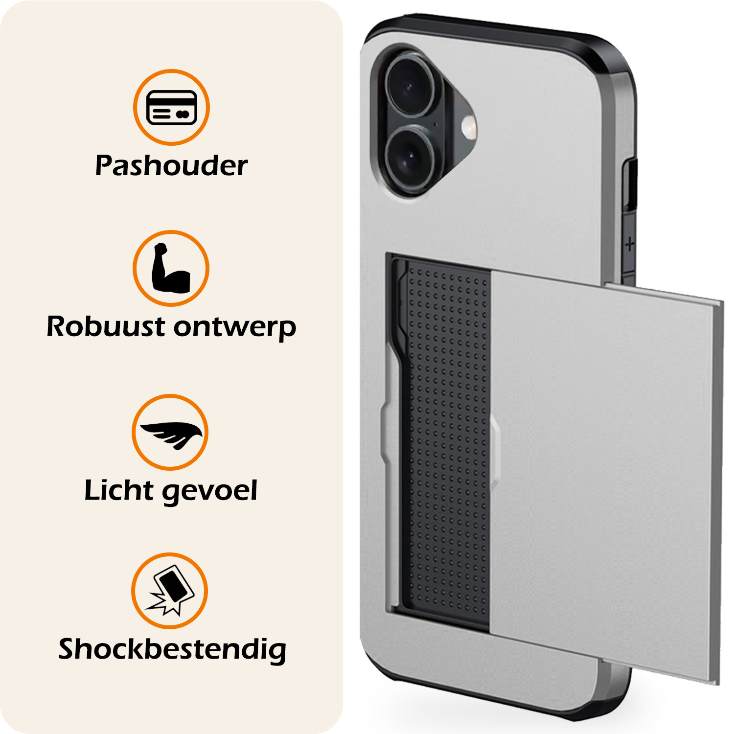 Nomfy Hoesje Geschikt voor iPhone 16 Plus Hoesje Pasjeshouder Shockproof Hard Case Met Screenprotector - Hoesje Geschikt voor iPhone 16 Plus Hoes Met Kaarthouder - Grijs