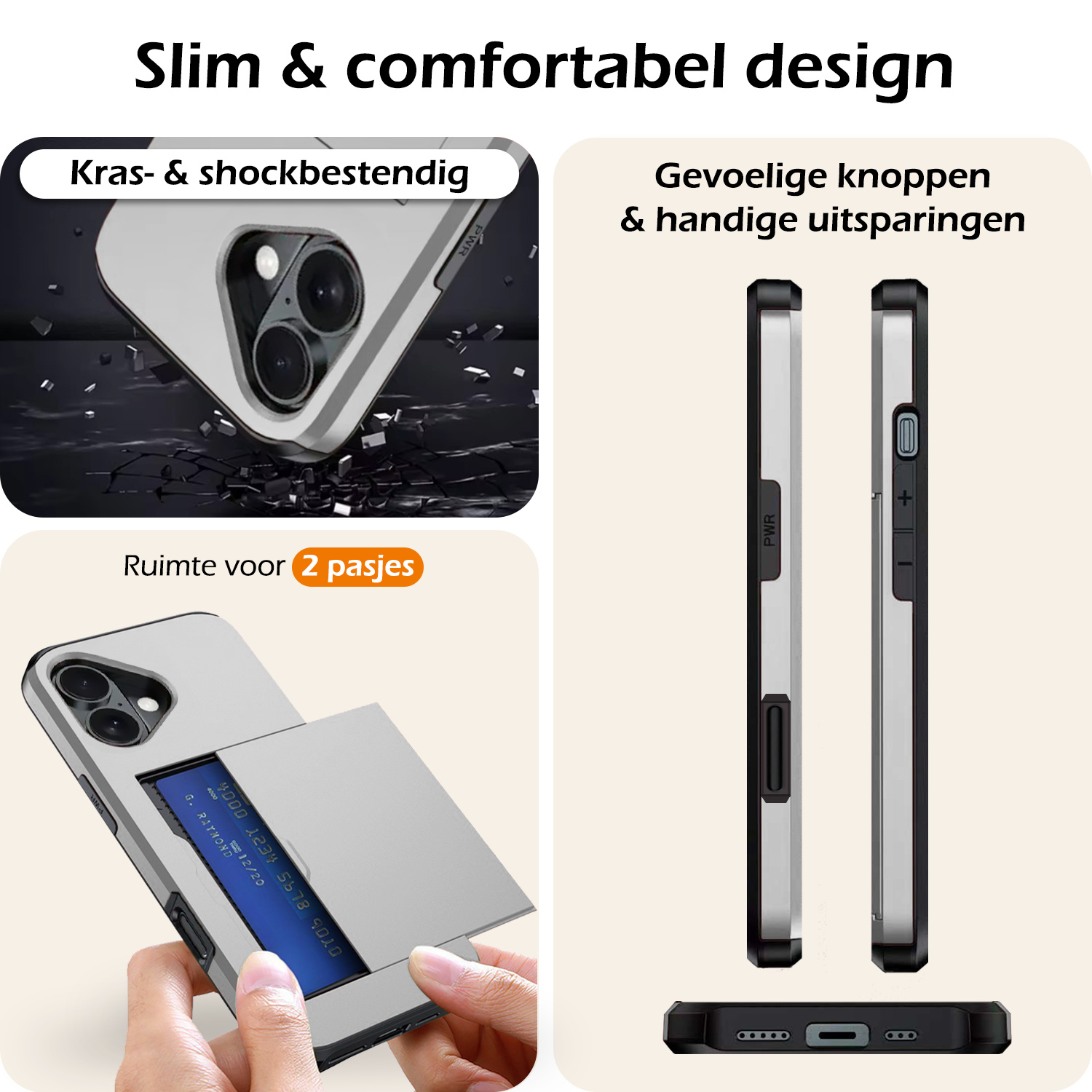 Nomfy Hoesje Geschikt voor iPhone 16 Plus Hoesje Pasjeshouder Shockproof Hard Case Met Screenprotector - Hoesje Geschikt voor iPhone 16 Plus Hoes Met Kaarthouder - Grijs