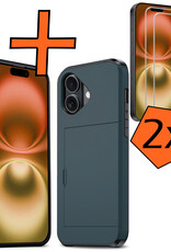 Nomfy Hoesje Geschikt voor iPhone 16 Plus Hoesje Pasjeshouder Shockproof Hard Case Met 2x Screenprotector - Hoesje Geschikt voor iPhone 16 Plus Hoes Met Kaarthouder - Donkerblauw