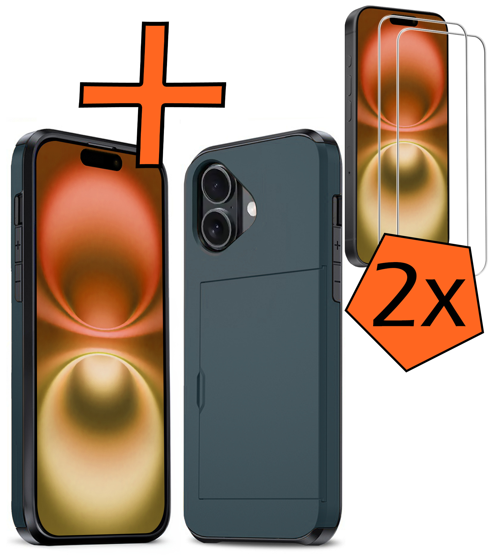 Nomfy Hoesje Geschikt voor iPhone 16 Plus Hoesje Pasjeshouder Shockproof Hard Case Met 2x Screenprotector - Hoesje Geschikt voor iPhone 16 Plus Hoes Met Kaarthouder - Donkerblauw