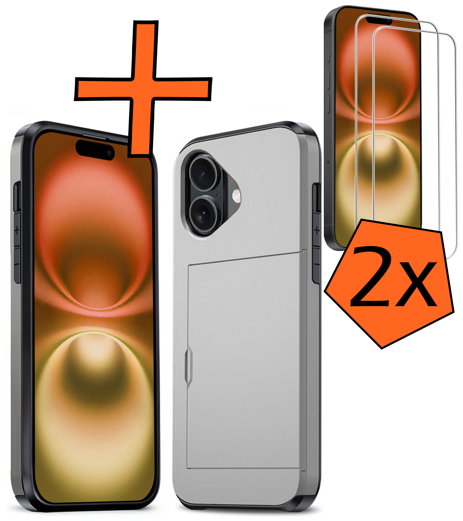 Nomfy Hoesje Geschikt voor iPhone 16 Plus Hoesje Pasjeshouder Shockproof Hard Case Met 2x Screenprotector - Hoesje Geschikt voor iPhone 16 Plus Hoes Met Kaarthouder - Grijs