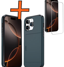 Nomfy Nomfy iPhone 16 Pro Hoesje Pashouder Hard Met Screenprotector - Donker Blauw