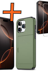 Nomfy Hoesje Geschikt voor iPhone 16 Pro Hoesje Pasjeshouder Shockproof Hard Case Met Screenprotector - Hoesje Geschikt voor iPhone 16 Pro Hoes Met Kaarthouder - Donkergroen