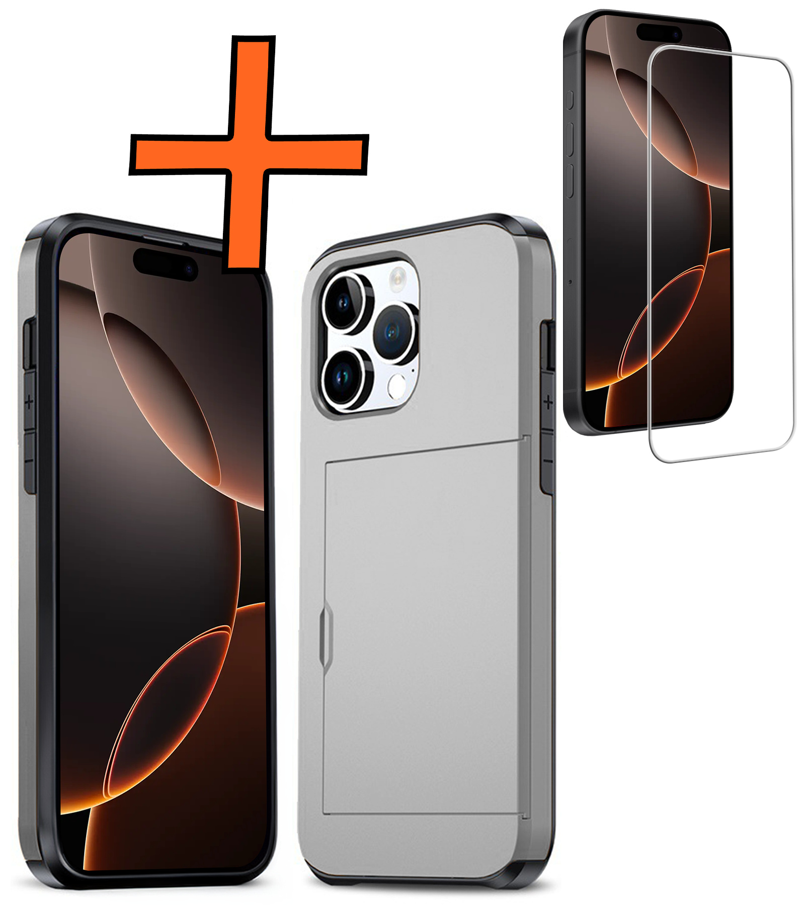 Nomfy Hoesje Geschikt voor iPhone 16 Pro Hoesje Pasjeshouder Shockproof Hard Case Met Screenprotector - Hoesje Geschikt voor iPhone 16 Pro Hoes Met Kaarthouder - Grijs