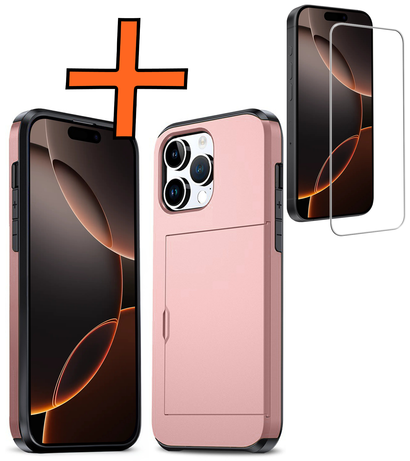 Nomfy Hoesje Geschikt voor iPhone 16 Pro Hoesje Pasjeshouder Shockproof Hard Case Met Screenprotector - Hoesje Geschikt voor iPhone 16 Pro Hoes Met Kaarthouder - Rosé goud
