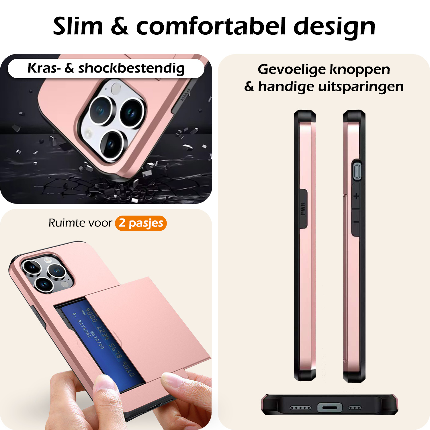 Nomfy Hoesje Geschikt voor iPhone 16 Pro Hoesje Pasjeshouder Shockproof Hard Case Met Screenprotector - Hoesje Geschikt voor iPhone 16 Pro Hoes Met Kaarthouder - Rosé goud