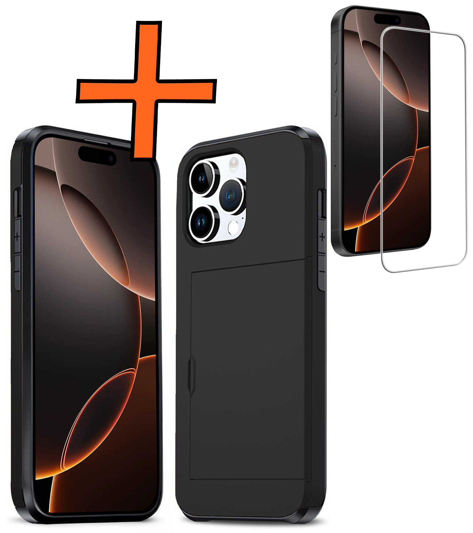 Nomfy Hoesje Geschikt voor iPhone 16 Pro Hoesje Pasjeshouder Shockproof Hard Case Met Screenprotector - Hoesje Geschikt voor iPhone 16 Pro Hoes Met Kaarthouder - Zwart