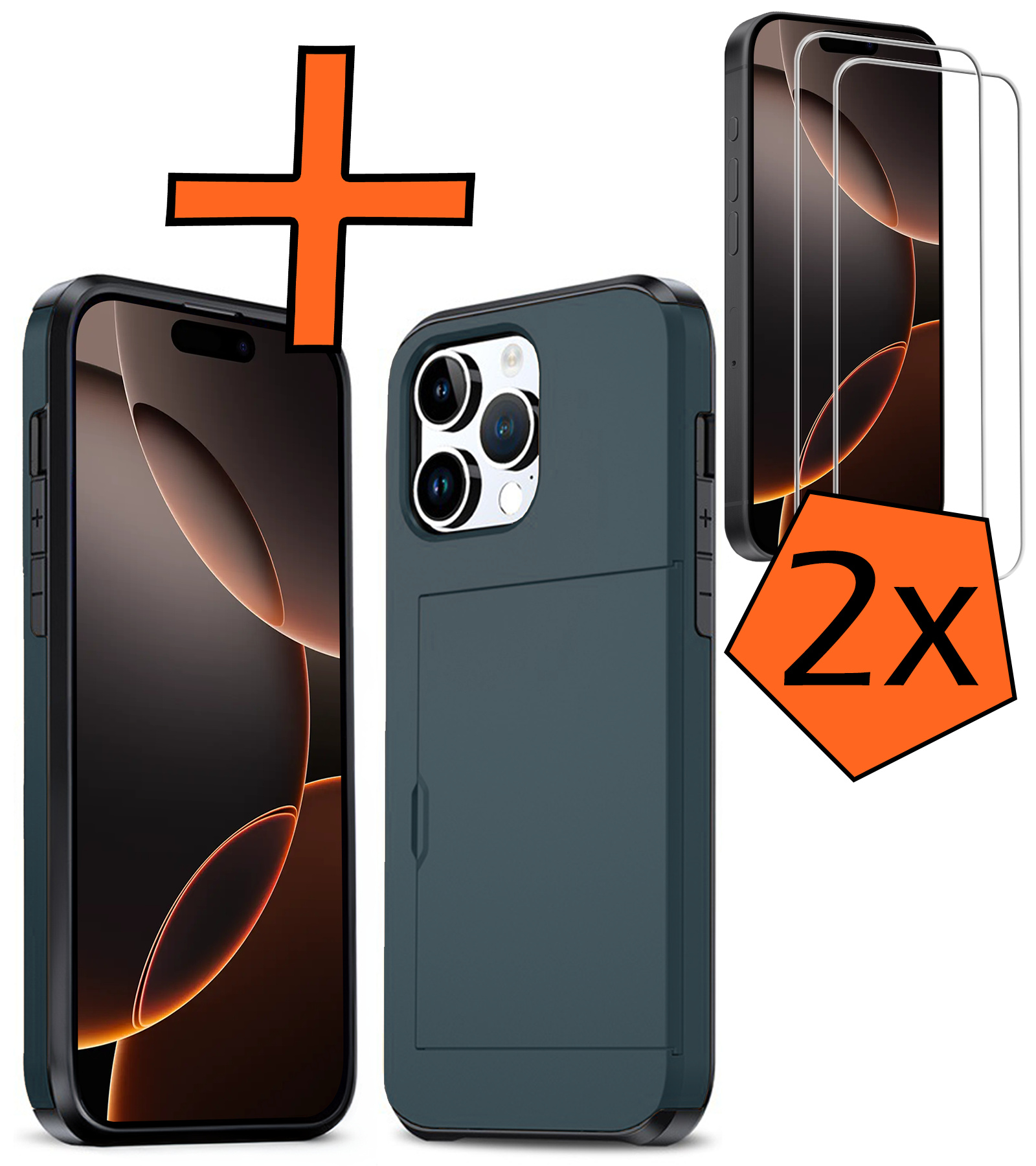 Nomfy Hoesje Geschikt voor iPhone 16 Pro Hoesje Pasjeshouder Shockproof Hard Case Met 2x Screenprotector - Hoesje Geschikt voor iPhone 16 Pro Hoes Met Kaarthouder - Donkerblauw