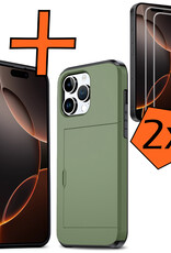 Nomfy Hoesje Geschikt voor iPhone 16 Pro Hoesje Pasjeshouder Shockproof Hard Case Met 2x Screenprotector - Hoesje Geschikt voor iPhone 16 Pro Hoes Met Kaarthouder - Donkergroen