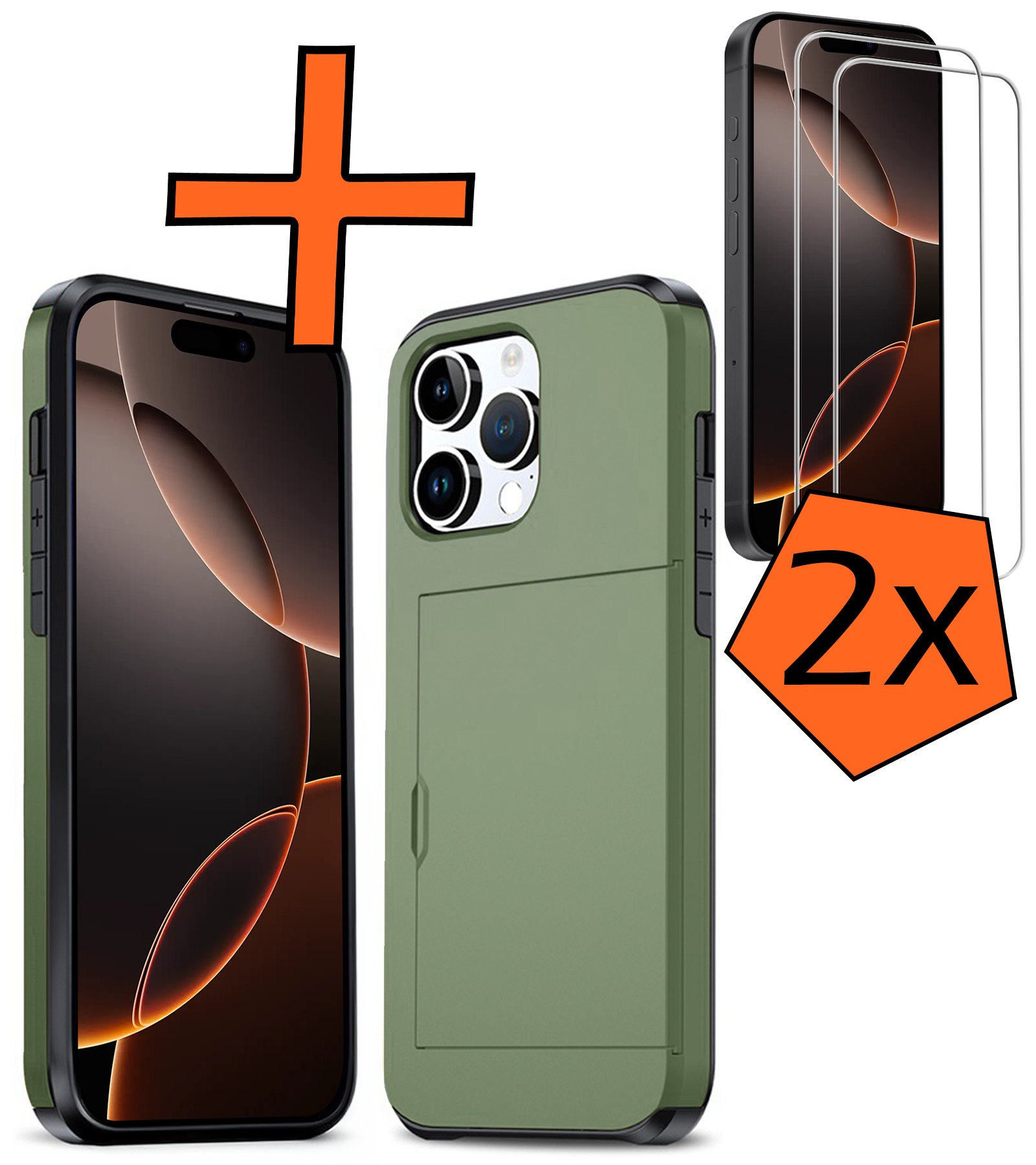 Nomfy Hoesje Geschikt voor iPhone 16 Pro Hoesje Pasjeshouder Shockproof Hard Case Met 2x Screenprotector - Hoesje Geschikt voor iPhone 16 Pro Hoes Met Kaarthouder - Donkergroen
