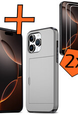Nomfy Hoesje Geschikt voor iPhone 16 Pro Hoesje Pasjeshouder Shockproof Hard Case Met 2x Screenprotector - Hoesje Geschikt voor iPhone 16 Pro Hoes Met Kaarthouder - Grijs