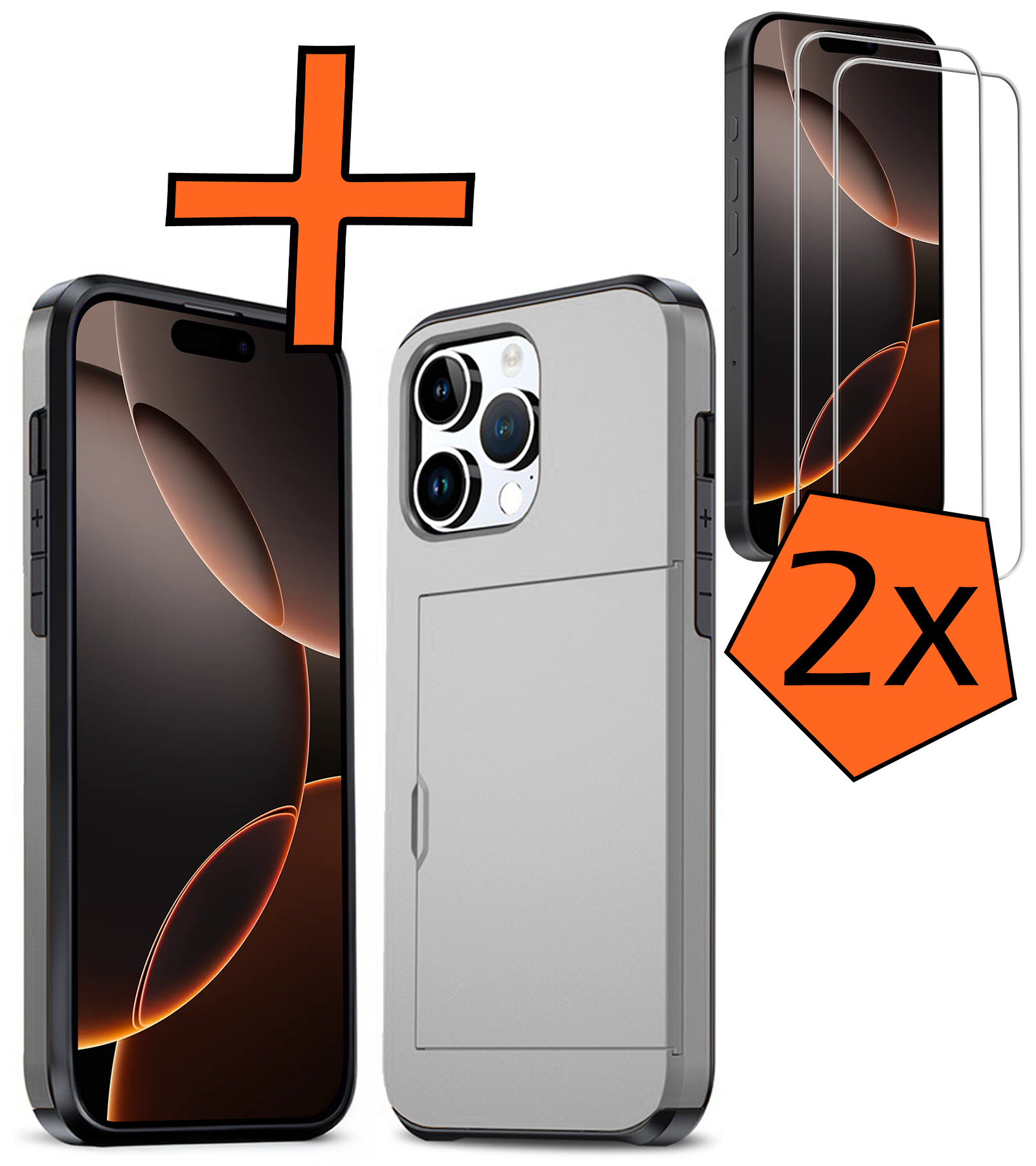 Nomfy Hoesje Geschikt voor iPhone 16 Pro Hoesje Pasjeshouder Shockproof Hard Case Met 2x Screenprotector - Hoesje Geschikt voor iPhone 16 Pro Hoes Met Kaarthouder - Grijs