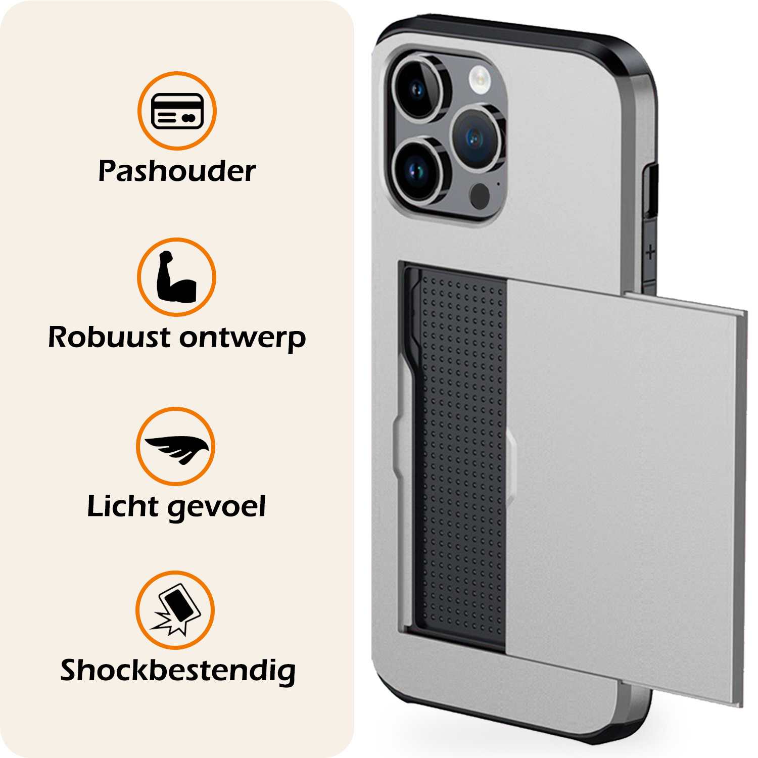 Nomfy Hoesje Geschikt voor iPhone 16 Pro Hoesje Pasjeshouder Shockproof Hard Case Met 2x Screenprotector - Hoesje Geschikt voor iPhone 16 Pro Hoes Met Kaarthouder - Grijs
