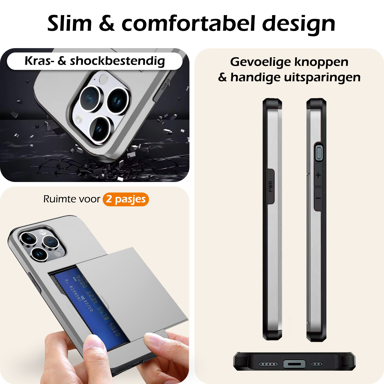 Nomfy Hoesje Geschikt voor iPhone 16 Pro Hoesje Pasjeshouder Shockproof Hard Case Met 2x Screenprotector - Hoesje Geschikt voor iPhone 16 Pro Hoes Met Kaarthouder - Grijs