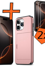 Nomfy Hoesje Geschikt voor iPhone 16 Pro Hoesje Pasjeshouder Shockproof Hard Case Met 2x Screenprotector - Hoesje Geschikt voor iPhone 16 Pro Hoes Met Kaarthouder - Rosé goud