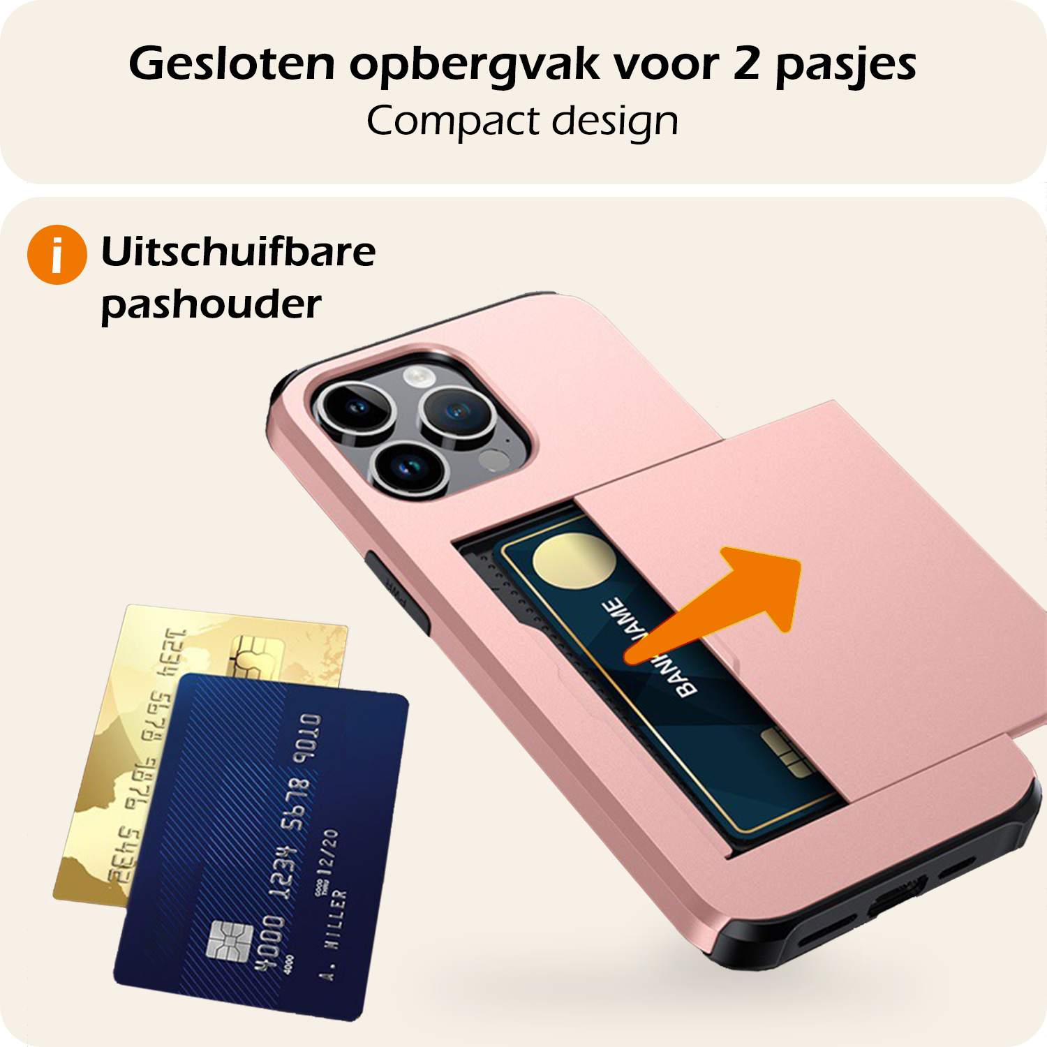 Nomfy Hoesje Geschikt voor iPhone 16 Pro Hoesje Pasjeshouder Shockproof Hard Case Met 2x Screenprotector - Hoesje Geschikt voor iPhone 16 Pro Hoes Met Kaarthouder - Rosé goud