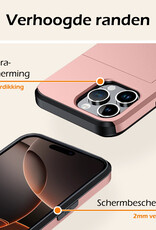 Nomfy Hoesje Geschikt voor iPhone 16 Pro Hoesje Pasjeshouder Shockproof Hard Case Met 2x Screenprotector - Hoesje Geschikt voor iPhone 16 Pro Hoes Met Kaarthouder - Rosé goud
