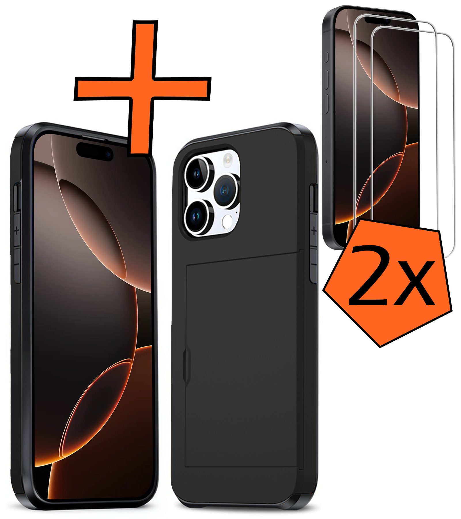 Nomfy Hoesje Geschikt voor iPhone 16 Pro Hoesje Pasjeshouder Shockproof Hard Case Met 2x Screenprotector - Hoesje Geschikt voor iPhone 16 Pro Hoes Met Kaarthouder - Zwart