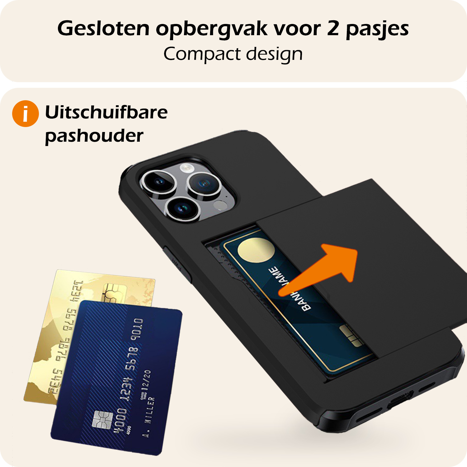Nomfy Hoesje Geschikt voor iPhone 16 Pro Hoesje Pasjeshouder Shockproof Hard Case Met 2x Screenprotector - Hoesje Geschikt voor iPhone 16 Pro Hoes Met Kaarthouder - Zwart