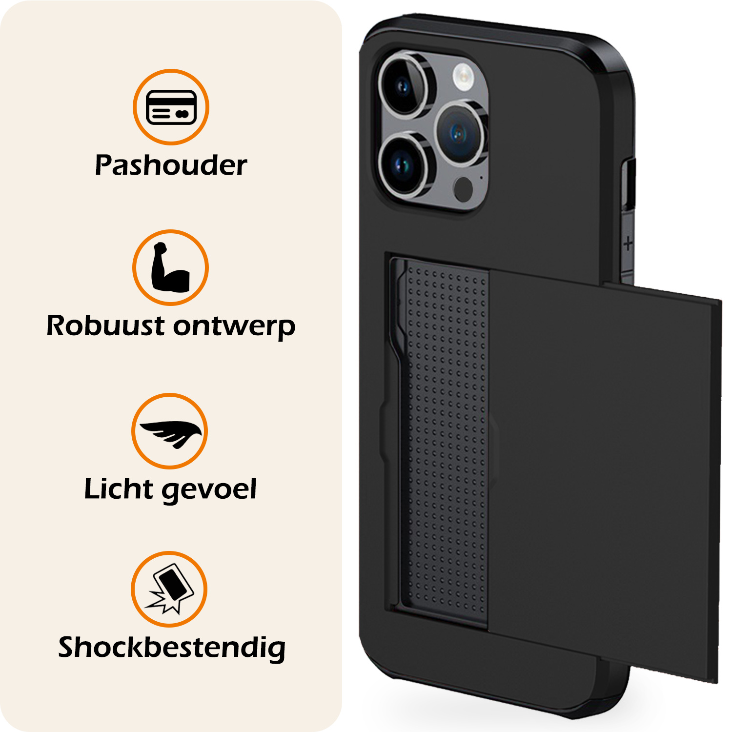 Nomfy Hoesje Geschikt voor iPhone 16 Pro Hoesje Pasjeshouder Shockproof Hard Case Met 2x Screenprotector - Hoesje Geschikt voor iPhone 16 Pro Hoes Met Kaarthouder - Zwart