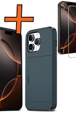 Nomfy Hoesje Geschikt voor iPhone 16 Pro Max Hoesje Pasjeshouder Shockproof Hard Case Met Screenprotector - Hoesje Geschikt voor iPhone 16 Pro Max Hoes Met Kaarthouder - Donkerblauw