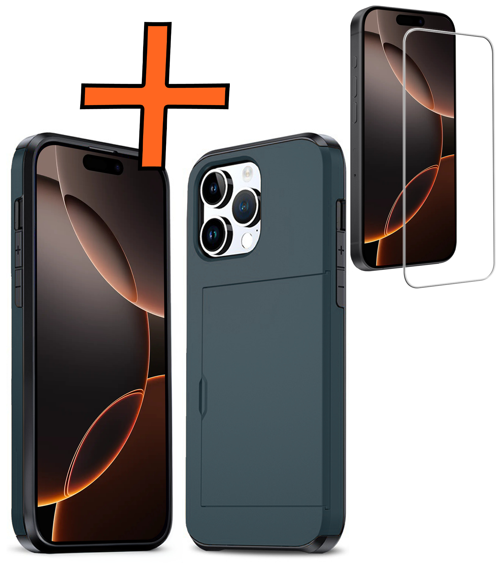 Nomfy Hoesje Geschikt voor iPhone 16 Pro Max Hoesje Pasjeshouder Shockproof Hard Case Met Screenprotector - Hoesje Geschikt voor iPhone 16 Pro Max Hoes Met Kaarthouder - Donkerblauw