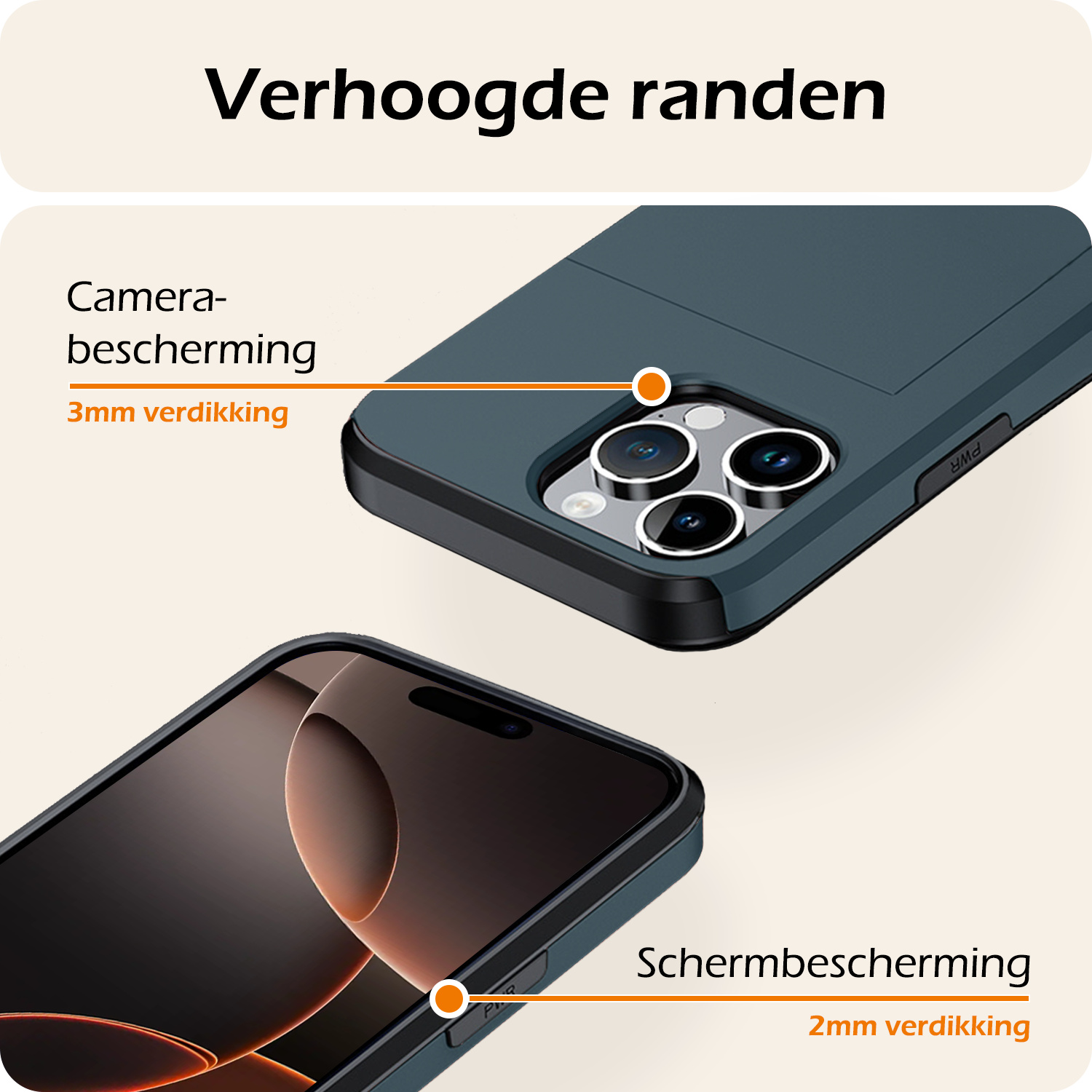 Nomfy Hoesje Geschikt voor iPhone 16 Pro Max Hoesje Pasjeshouder Shockproof Hard Case Met Screenprotector - Hoesje Geschikt voor iPhone 16 Pro Max Hoes Met Kaarthouder - Donkerblauw