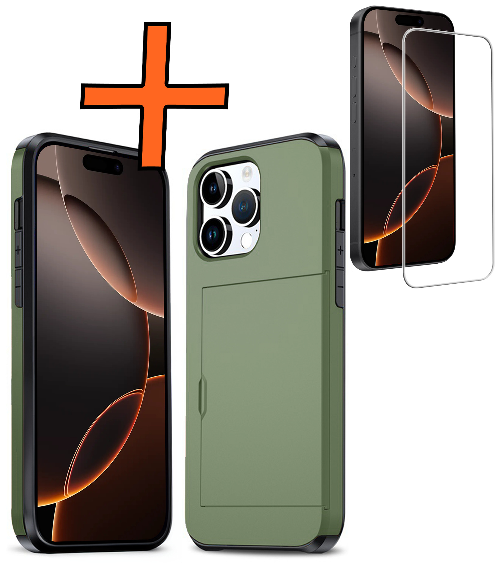 Nomfy Hoesje Geschikt voor iPhone 16 Pro Max Hoesje Pasjeshouder Shockproof Hard Case Met Screenprotector - Hoesje Geschikt voor iPhone 16 Pro Max Hoes Met Kaarthouder - Donkergroen