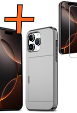 Nomfy Hoesje Geschikt voor iPhone 16 Pro Max Hoesje Pasjeshouder Shockproof Hard Case Met Screenprotector - Hoesje Geschikt voor iPhone 16 Pro Max Hoes Met Kaarthouder - Grijs
