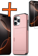 Nomfy Hoesje Geschikt voor iPhone 16 Pro Max Hoesje Pasjeshouder Shockproof Hard Case Met Screenprotector - Hoesje Geschikt voor iPhone 16 Pro Max Hoes Met Kaarthouder - Rosé goud