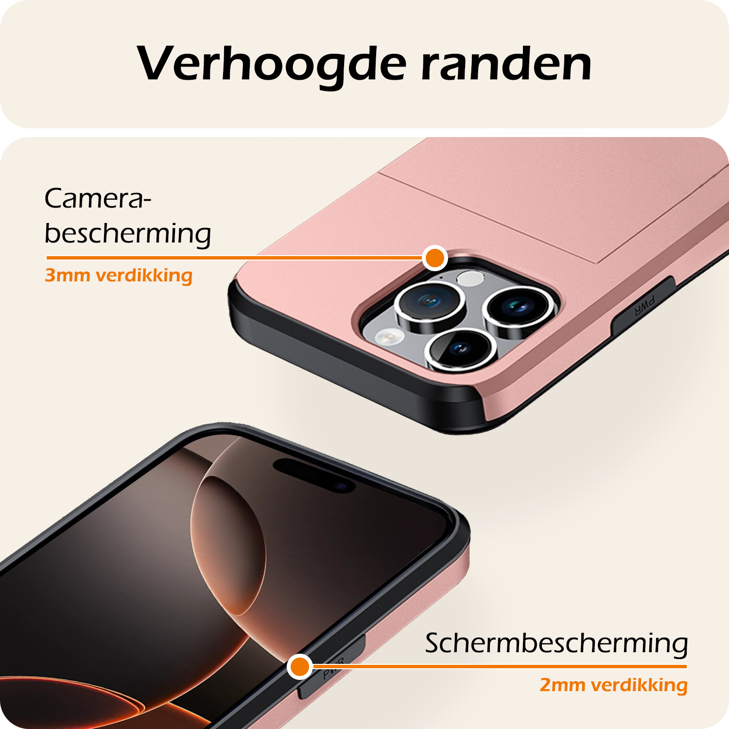 Nomfy Hoesje Geschikt voor iPhone 16 Pro Max Hoesje Pasjeshouder Shockproof Hard Case Met Screenprotector - Hoesje Geschikt voor iPhone 16 Pro Max Hoes Met Kaarthouder - Rosé goud