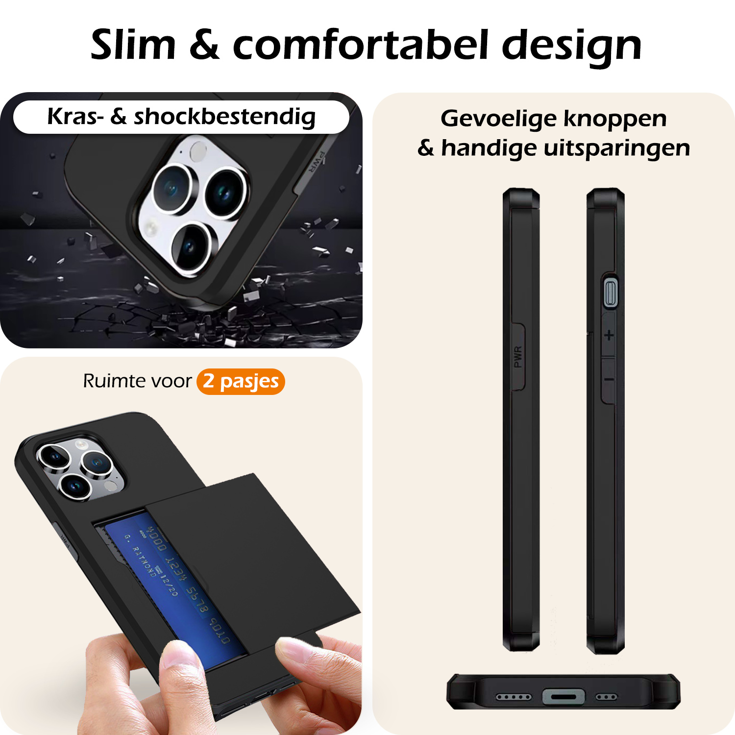 Nomfy Hoesje Geschikt voor iPhone 16 Pro Max Hoesje Pasjeshouder Shockproof Hard Case Met Screenprotector - Hoesje Geschikt voor iPhone 16 Pro Max Hoes Met Kaarthouder - Zwart