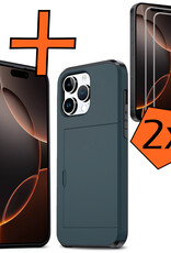 Nomfy Hoesje Geschikt voor iPhone 16 Pro Max Hoesje Pasjeshouder Shockproof Hard Case Met 2x Screenprotector - Hoesje Geschikt voor iPhone 16 Pro Max Hoes Met Kaarthouder - Donkerblauw