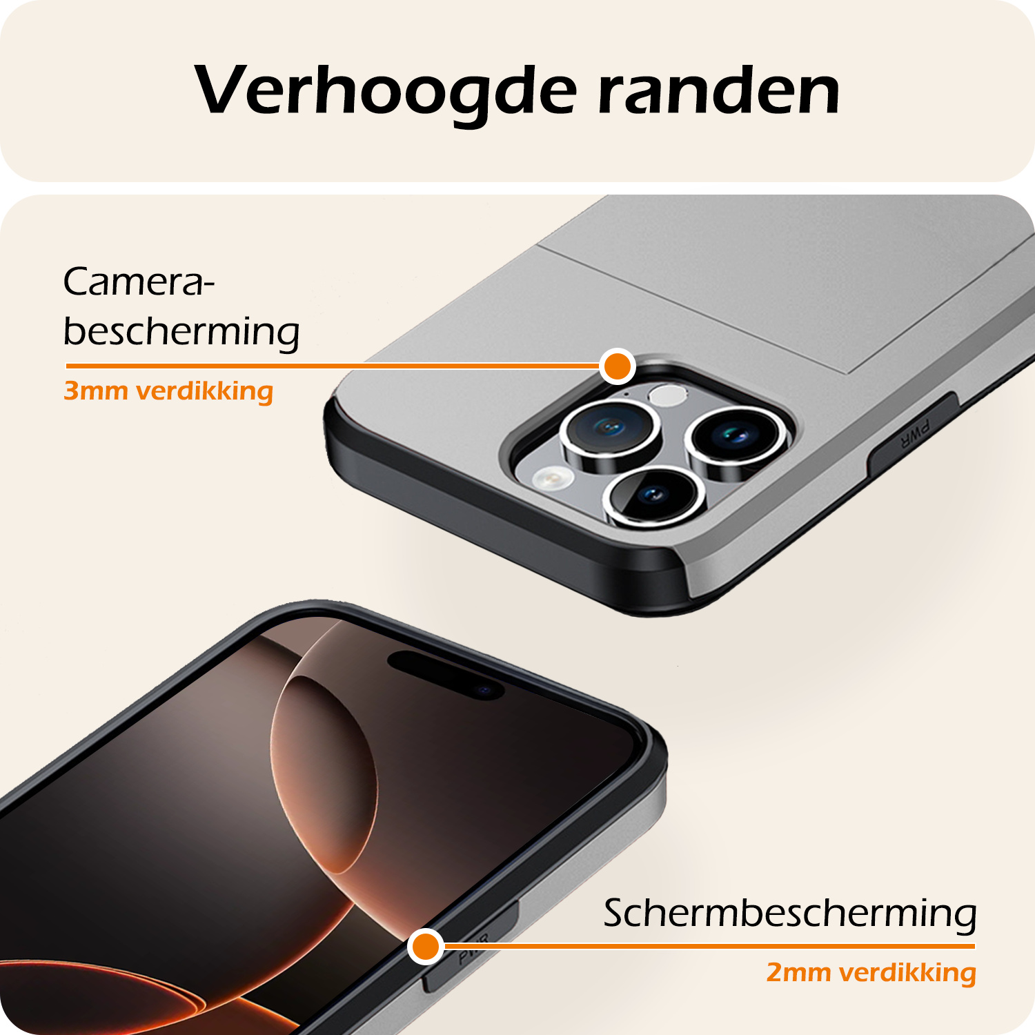 Nomfy Hoesje Geschikt voor iPhone 16 Pro Max Hoesje Pasjeshouder Shockproof Hard Case Met 2x Screenprotector - Hoesje Geschikt voor iPhone 16 Pro Max Hoes Met Kaarthouder - Grijs
