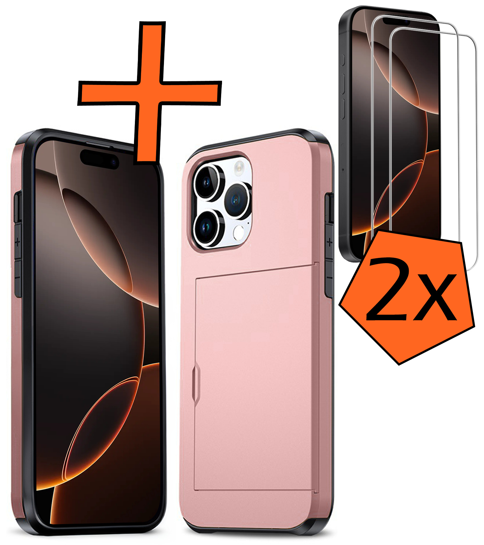 Nomfy Hoesje Geschikt voor iPhone 16 Pro Max Hoesje Pasjeshouder Shockproof Hard Case Met 2x Screenprotector - Hoesje Geschikt voor iPhone 16 Pro Max Hoes Met Kaarthouder - Rosé Goud