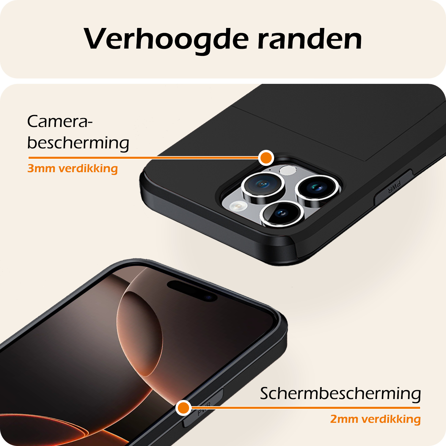 Nomfy Hoesje Geschikt voor iPhone 16 Pro Max Hoesje Pasjeshouder Shockproof Hard Case Met 2x Screenprotector - Hoesje Geschikt voor iPhone 16 Pro Max Hoes Met Kaarthouder - Zwart