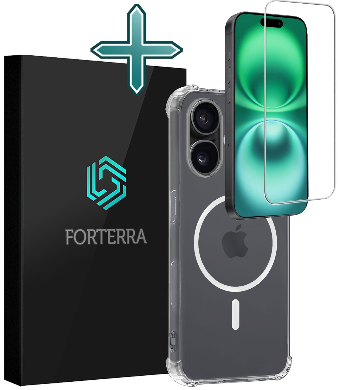 Forterra Hoesje Geschikt voor iPhone 16 MagSafe Shock Proof Case Back Cover Met Screenprotector - Hoes Geschikt voor iPhone 16 Met MagSafe Shockproof Telefoonhoesje - Transparant