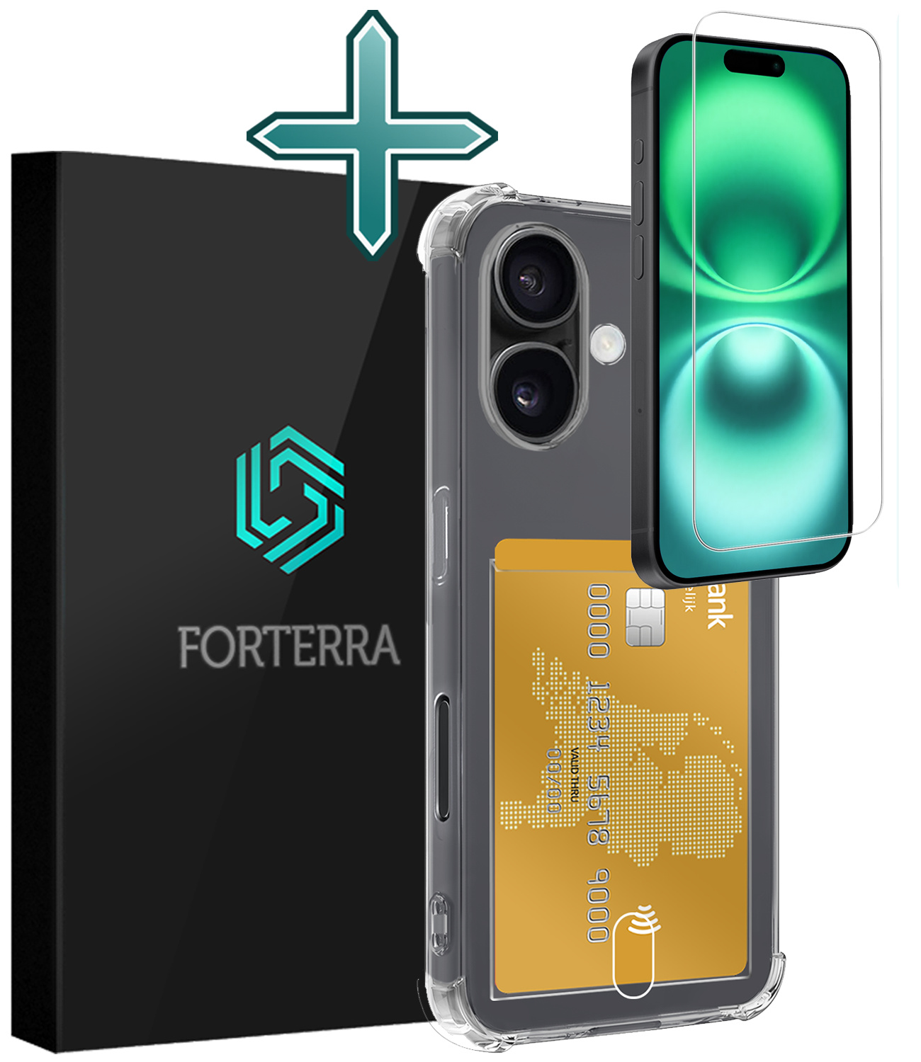 Forterra Hoesje Geschikt voor iPhone 16 Plus Pashouder Case Siliconen Hoes Met Screenprotector - Hoes Geschikt voor iPhone 16 Plus Hoesje Back Cover Met Pasjeshouder - Transparant