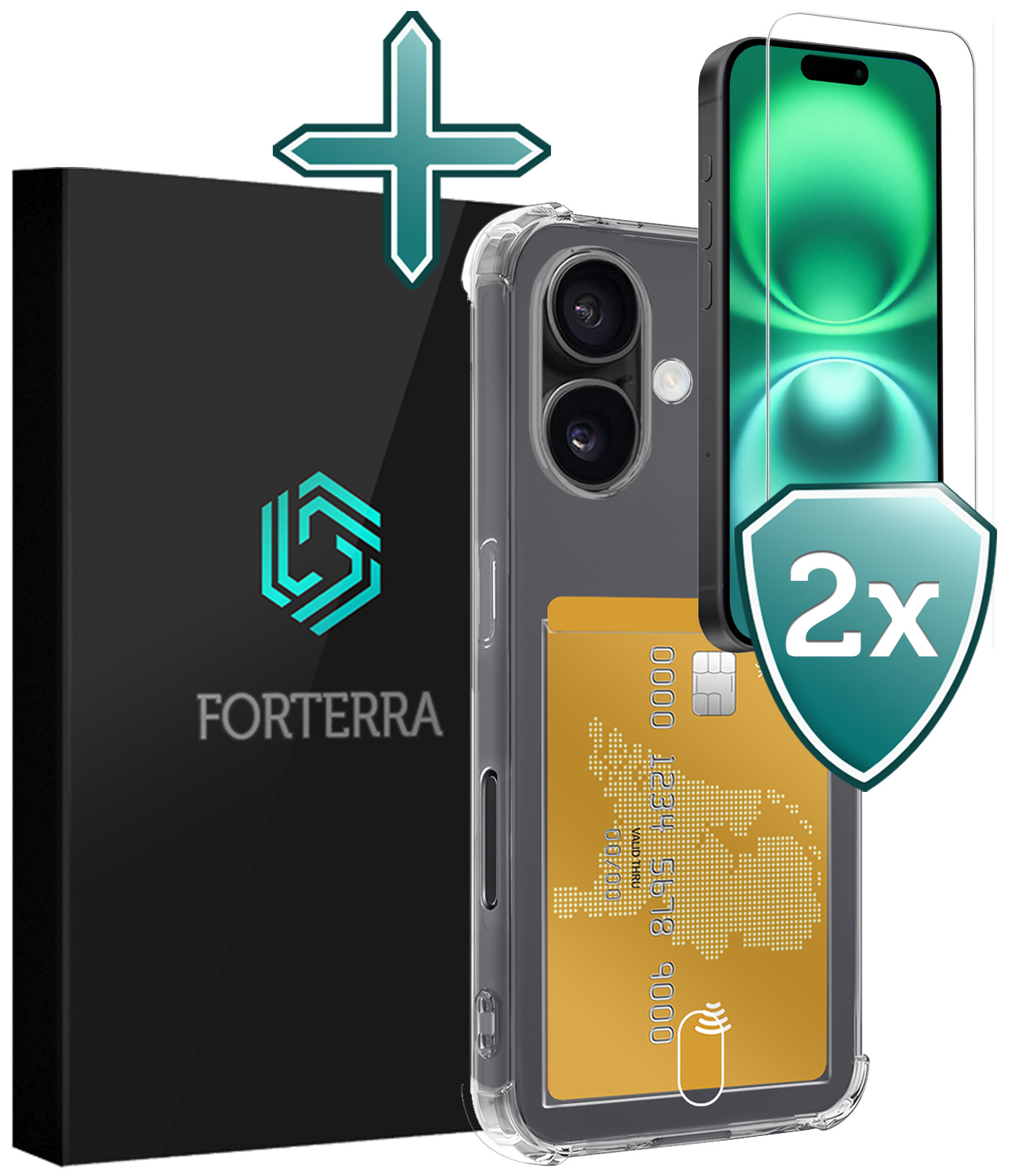 Forterra Hoesje Geschikt voor iPhone 16 Plus Pashouder Case Siliconen Hoes Met 2x Screenprotector - Hoes Geschikt voor iPhone 16 Plus Hoesje Back Cover Met Pasjeshouder - Transparant