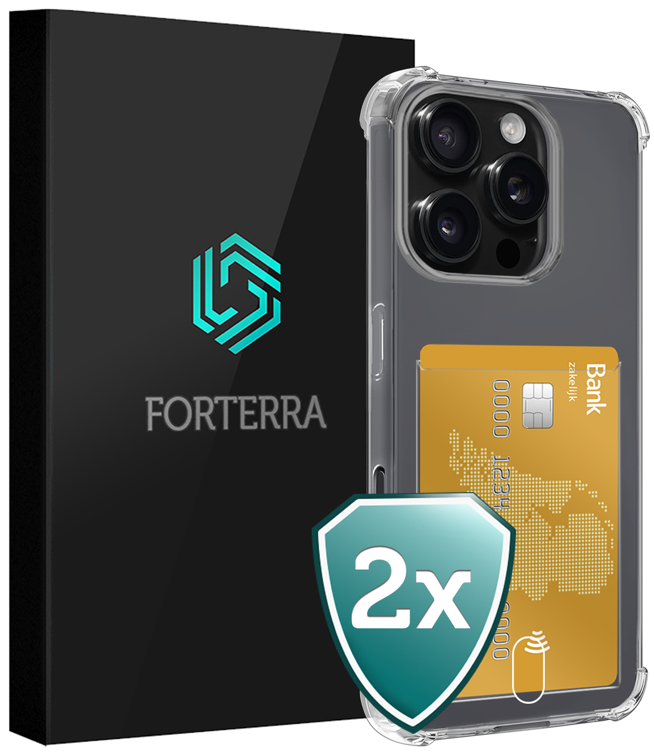 Forterra Hoesje Geschikt voor iPhone 16 Pro Pashouder Case Siliconen Hoes - Hoes Geschikt voor iPhone 16 Pro Hoesje Back Cover Met Pasjeshouder - Transparant - 2 PACK