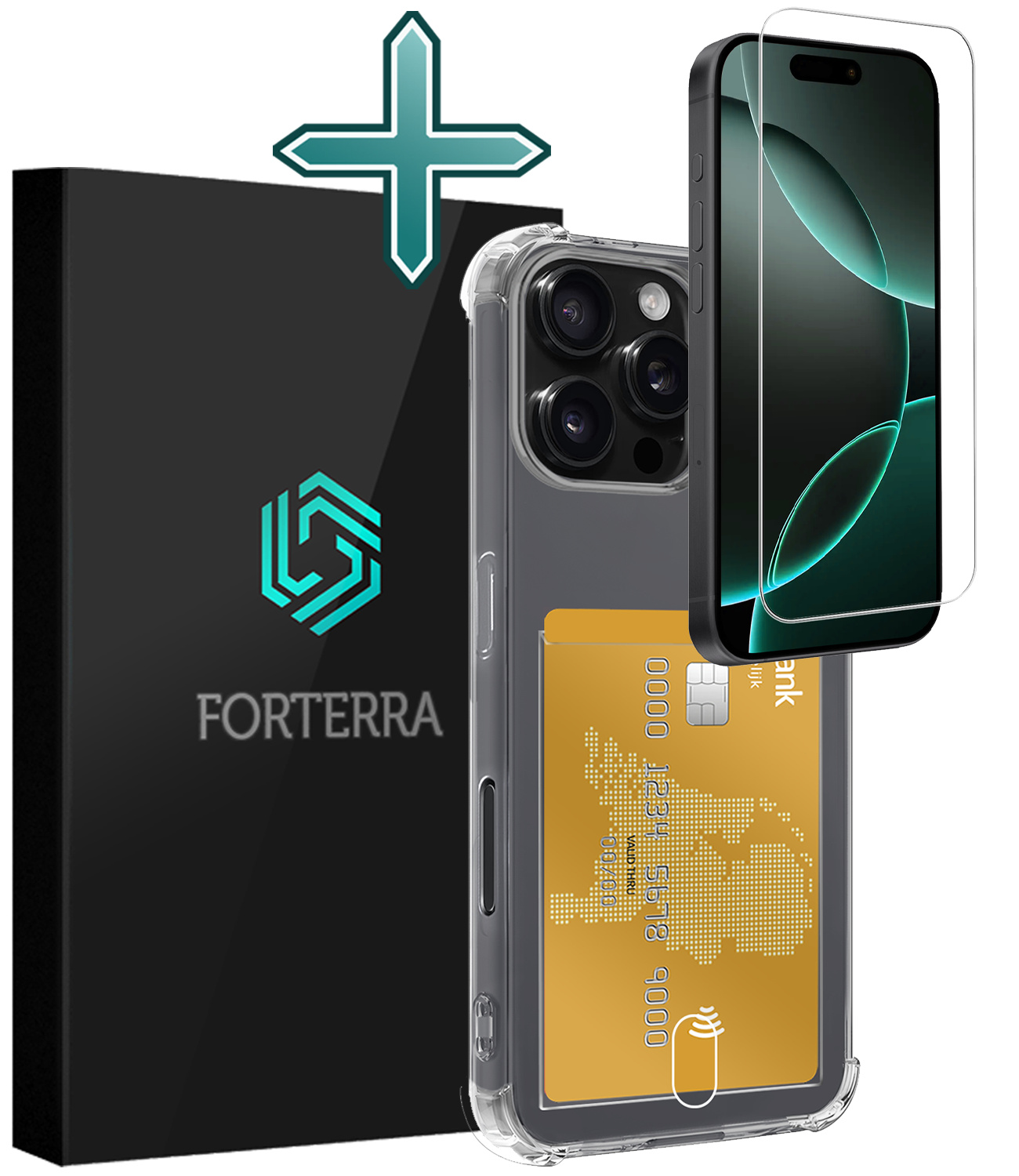 Forterra Hoesje Geschikt voor iPhone 16 Pro Pashouder Case Siliconen Hoes Met Screenprotector - Hoes Geschikt voor iPhone 16 Pro Hoesje Back Cover Met Pasjeshouder - Transparant