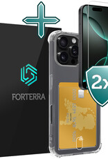 Forterra Hoesje Geschikt voor iPhone 16 Pro Pashouder Case Siliconen Hoes Met 2x Screenprotector - Hoes Geschikt voor iPhone 16 Pro Hoesje Back Cover Met Pasjeshouder - Transparant