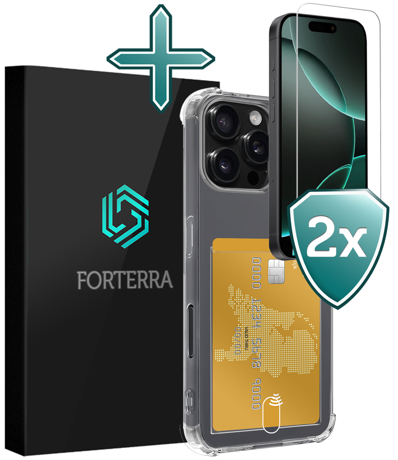 Forterra Hoesje Geschikt voor iPhone 16 Pro Pashouder Case Siliconen Hoes Met 2x Screenprotector - Hoes Geschikt voor iPhone 16 Pro Hoesje Back Cover Met Pasjeshouder - Transparant