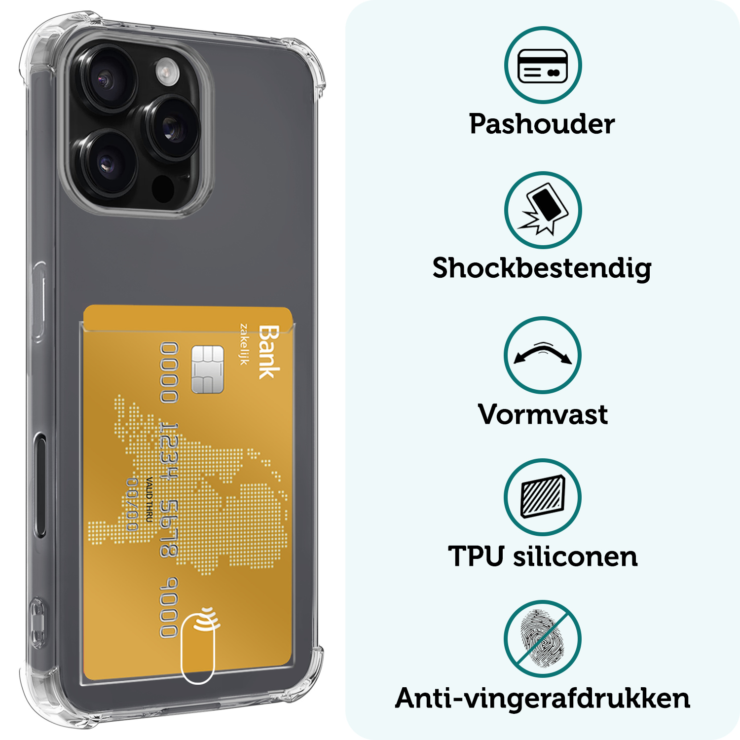 Forterra Hoesje Geschikt voor iPhone 16 Pro Pashouder Case Siliconen Hoes Met 2x Screenprotector - Hoes Geschikt voor iPhone 16 Pro Hoesje Back Cover Met Pasjeshouder - Transparant