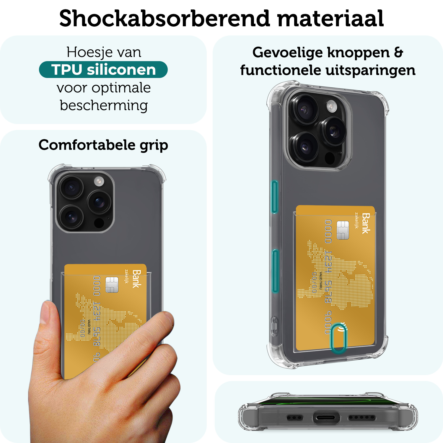 Forterra Hoesje Geschikt voor iPhone 16 Pro Pashouder Case Siliconen Hoes Met 2x Screenprotector - Hoes Geschikt voor iPhone 16 Pro Hoesje Back Cover Met Pasjeshouder - Transparant